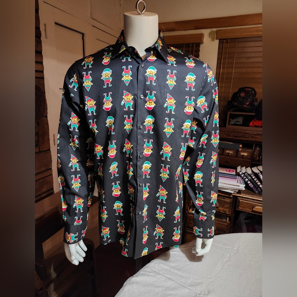 North Pole Trading Co. Long Sleeve Button Up Christmas Elf Theme Shirt L